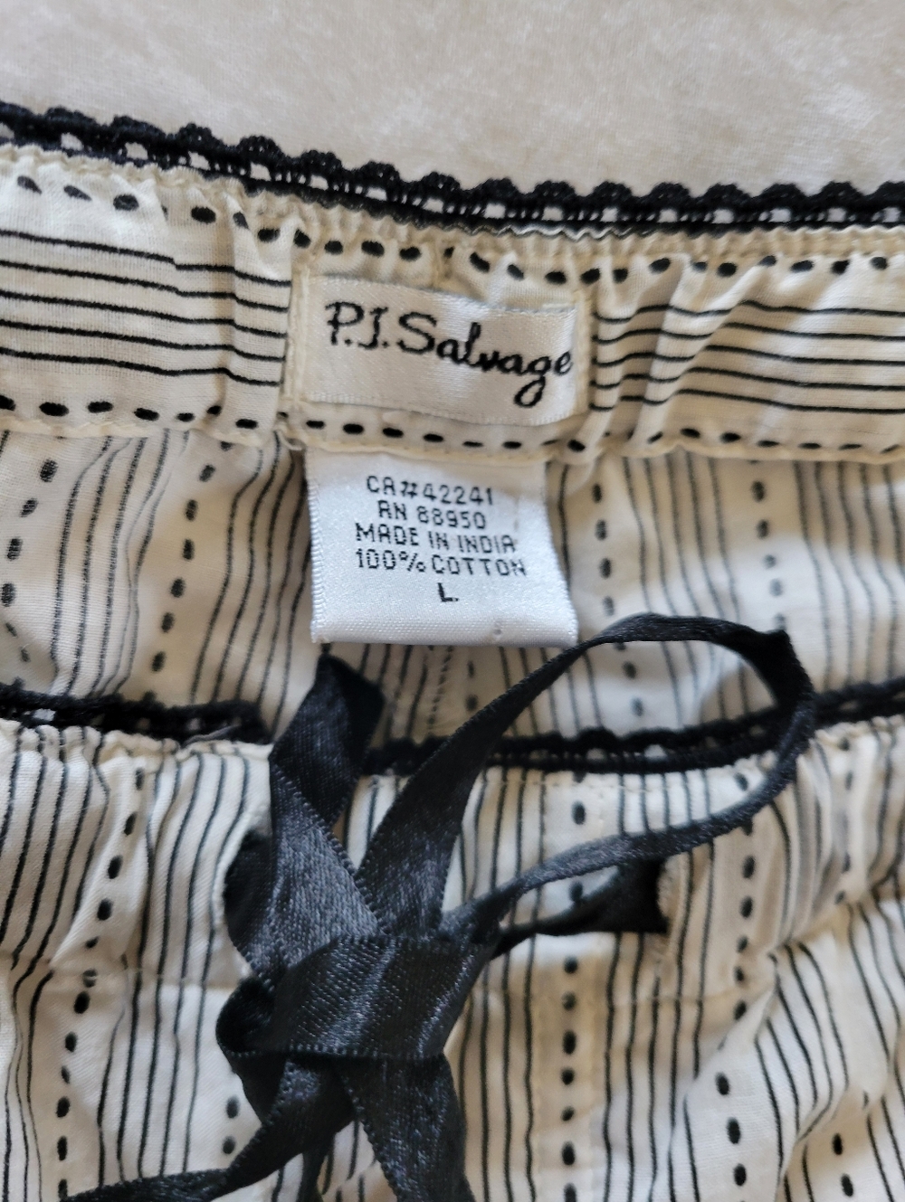 P.J. Salvage Cream & Black Striped Wide Leg Lounge Pants Size L 100% cotton - Picture 3 of 15